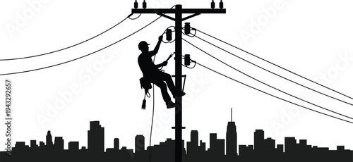 Silhouette of lineman working on utility pole against city skyline electricity power line