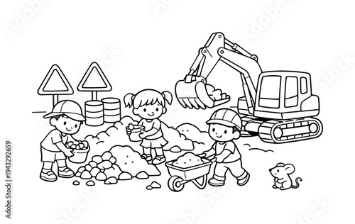 Kids Helping Excavator. Excavator dig with kids helping move sand and rocks, construction signs and barrels in the background, a
