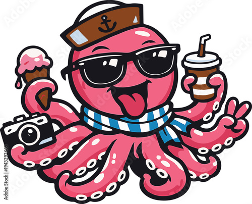 Cute cartoon octopus character on vacation