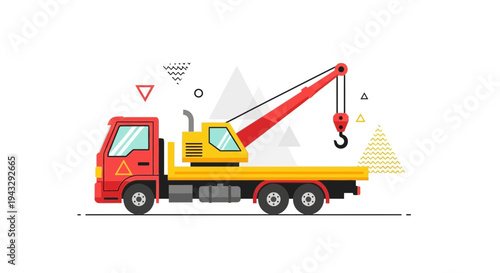 Modern Flat Design Tow Truck With Crane Icon For Heavy Lifting Services