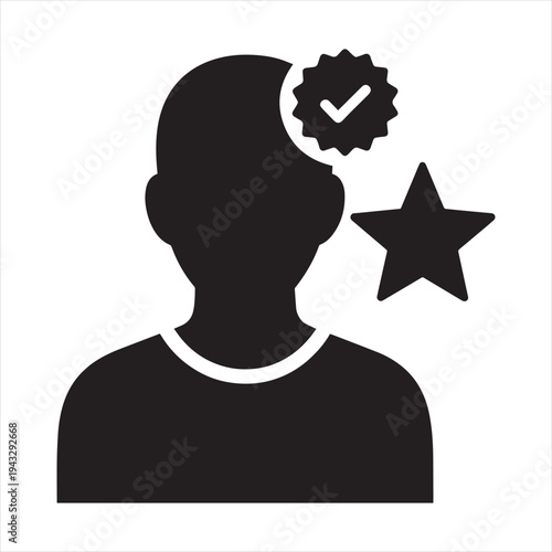 Black silhouette vector icon of a person's head with a star and a checked badge, representing quality, rating, and customer satisfaction for business and marketing designs