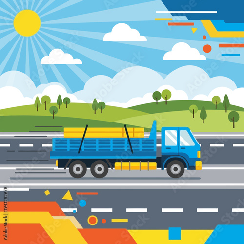 Modern Flat Design Truck Delivering Cargo Across Scenic Landscape