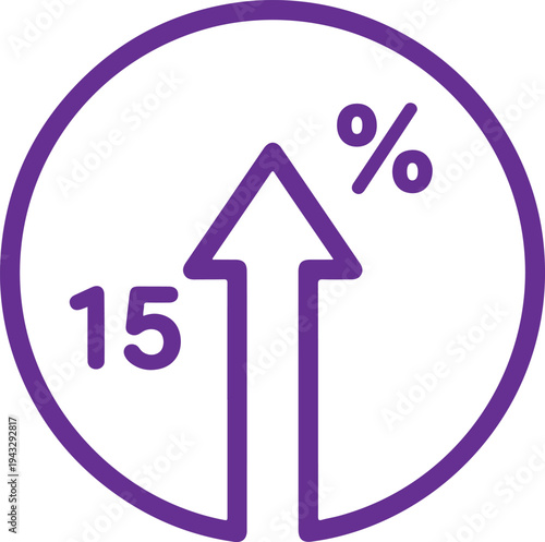 A graphic of a purple arrow pointing upwards with the number 15 and a percentage sign Vector, illustration