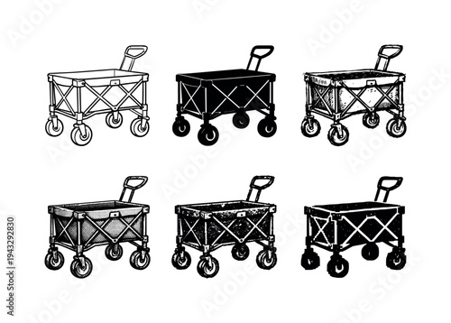 Collection of six different styles of folding wagons with handles and wheels