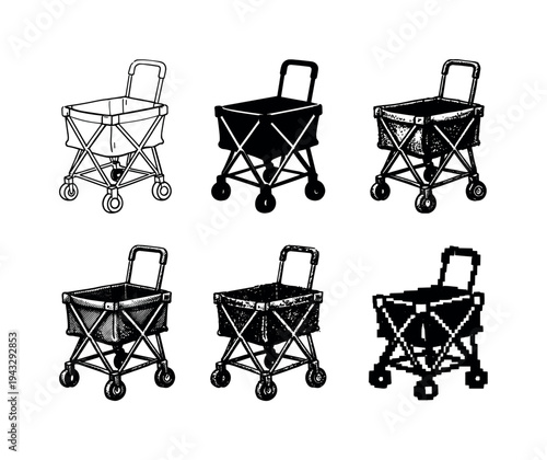 Foldable shopping cart with collapsible frame and fabric basket for easy storage and transport | Create ONE image containing