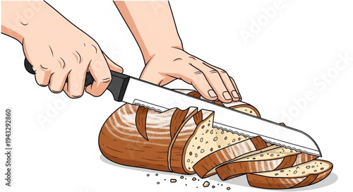 Slicing Loaf of Bread with Knife.