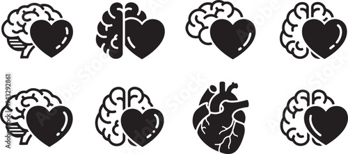 A set of vector line art illustrations featuring brains and hearts in silhouette style