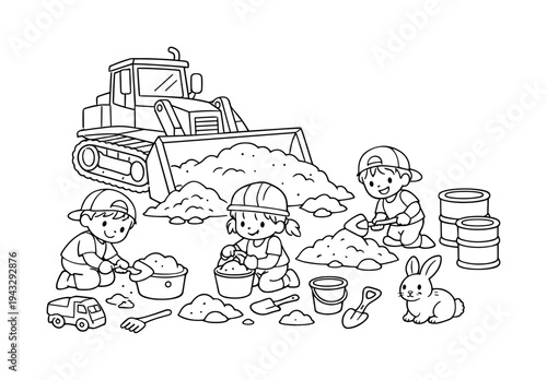Bulldozer push scene with kids pretending to work, using small shovels and buckets, piles of sand, tools, and barrels around, a