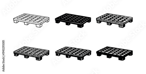 Collection of six different pallet illustrations in black and white, isolated on white background