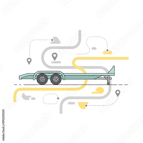 Modern Flatbed Trailer With Navigation Route And Location Pins On White Background