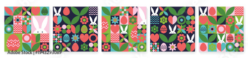 Easter bunny, egg and flower background set. Geometric design with cartoon elements. Vector illustration