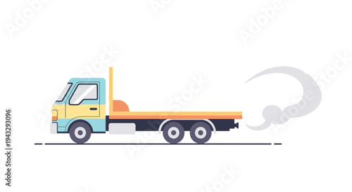 Modern Flatbed Truck Delivering Goods Rapidly With Emission Cloud