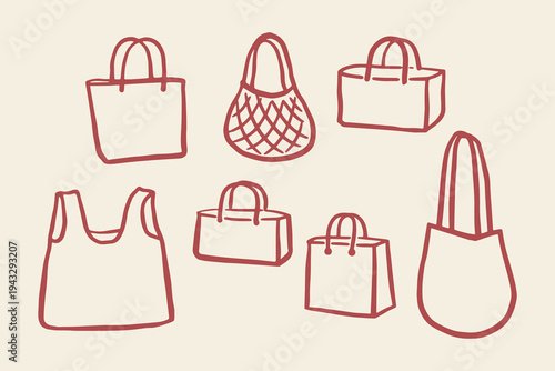 Reusable shopping bag set  hand drawn vector illustration