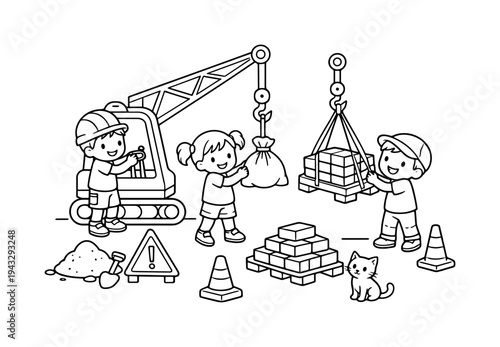 Crane lift scene with kids pretending to hoist sandbags and bricks, small piles and construction signs around, a tiny cat