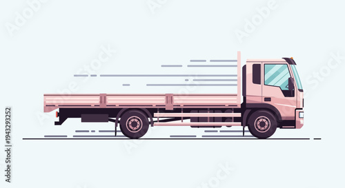Modern Flatbed Truck In Motion Delivering Goods On Light Background