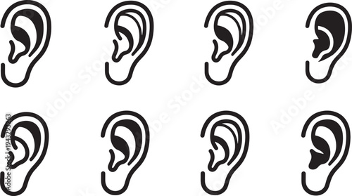 A set of vector line art ear silhouettes in various orientations and positions