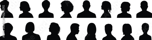 Sixteen Black Silhouette Head And Shoulder Avatars Diverse Hairstyles And Profiles vector illustration