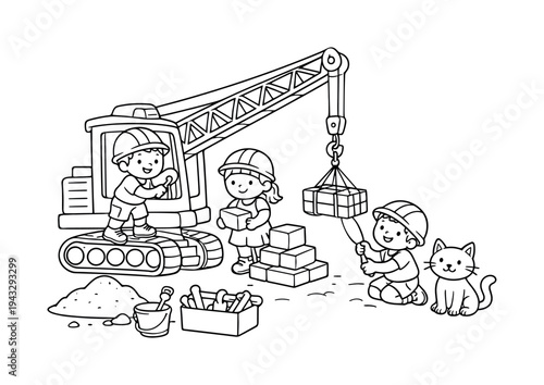 Children exploring a toy crane at a construction site, lifting small beams and boxes, piles of sand and tools around, a friendly