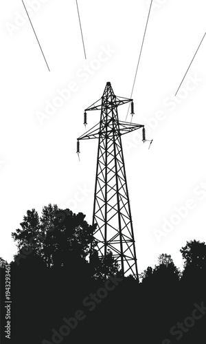 Tall Electricity Pylon Silhouetted Against a White Sky with Trees Keywords: electricity pylon, power line, transmission tower