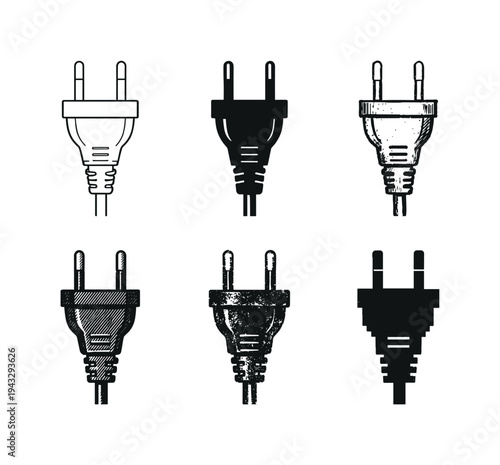Electric cable plug with dual pins and molded grip used for powering electronic appliances | Create ONE image containing EXACTLY