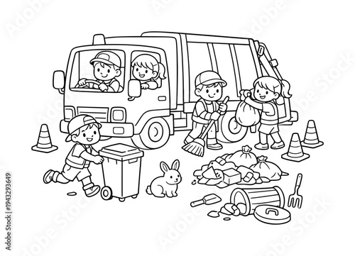 Garbage truck scene with kids pretending to drive and collect trash, bins and small piles around, cones, tools, and a tiny rabbit