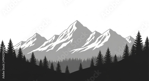 Snowcapped Mountains with Silhouetted Trees.