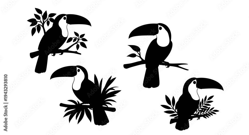Obraz premium Collection of four black toucan silhouettes perched on branches with leaves