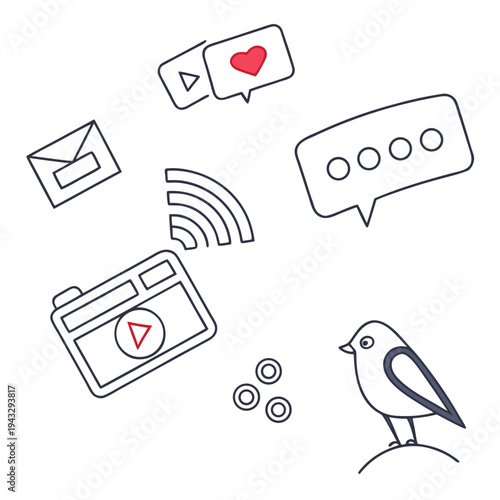 Social media communication and content sharing outline icons set including mail camera wifi bird and speech bubbles with heart