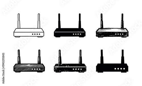 Set of six different router icons in various styles on a white background