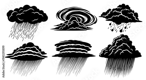 Collection of stylized black clouds with rain and a hurricane symbol