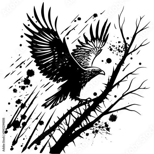 Eagle landing on thorn branch vector art featuring dark silhouette with paint splatters and sharp lines representing wild predator in harsh nature