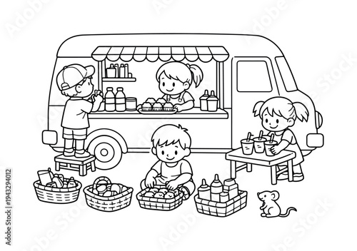 Children exploring a colorful food truck, arranging small treats and drinks, baskets and condiments around, a tiny mouse watching