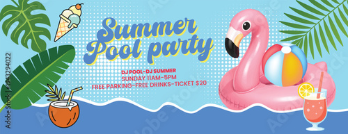 Tropical summer horizontal background for social media cover header banner Summer pool party banner with pink flamingo float ice cream coconut drink and tropical leaves on blue background