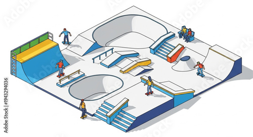 Skate Park Illustration with Ramps and Skaters.