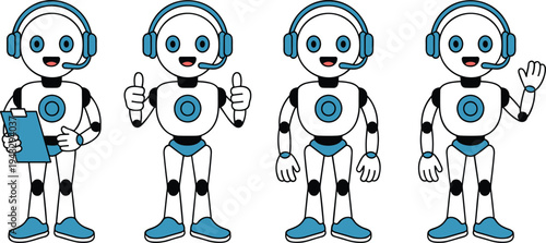 Set Of Cute Robot Character Mascot With Headset For Artificial Intelligence Customer Support Service Chatbot Vector Illustration.