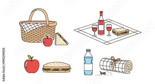 Illustration of picnic essentials including a basket, sandwiches, apples, wine, and a rolled blanket
