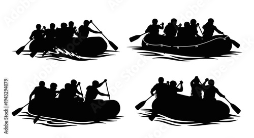 Silhouettes of people rafting down a river in inflatable boats, dynamic action