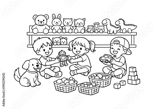 Toy store scene with kids sharing toys and laughing, shelves of stuffed animals and blocks around, small baskets and friends
