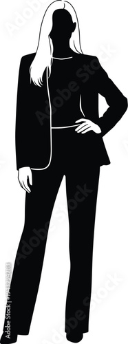 Professional black and white silhouette illustration of businesswoman in suit with long flowing hair, confident pose, corporate identity representation