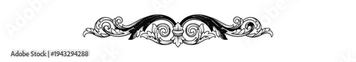 Ornamental floral design element with swirls and scrolls on black background