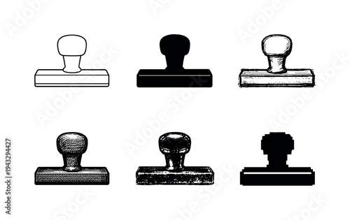 Rectangular office stamp tool with flat base and grip handle for pressing approval marks onto forms | Create ONE image containing