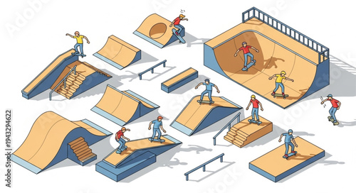 Skateboarders Performing Tricks at Skatepark.