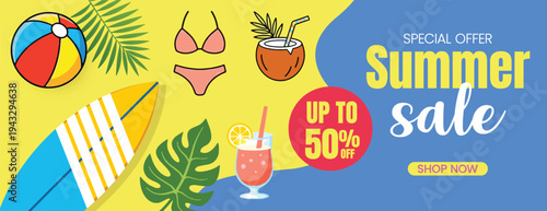 summer background for social media cover header, Summer tropical sale promotional banner with surfboard beach ball bikini coconut cocktail and green monstera leaves on yellow and blue background