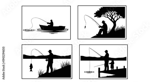 Silhouettes of people fishing in various serene outdoor settings, capturing peaceful moments