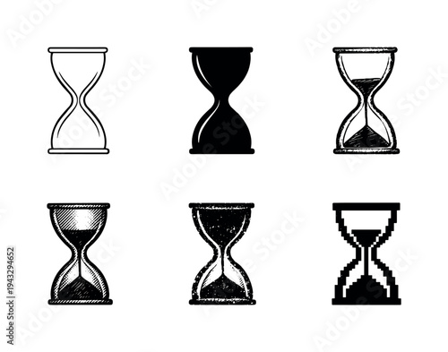 Minimal sand timer hourglass with narrow center and curved glass chambers for visual countdown representation | Create ONE image