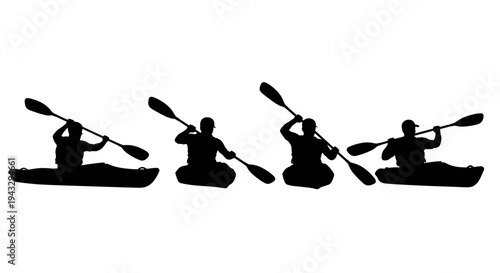 Silhouettes of four people kayaking in a line on a white background