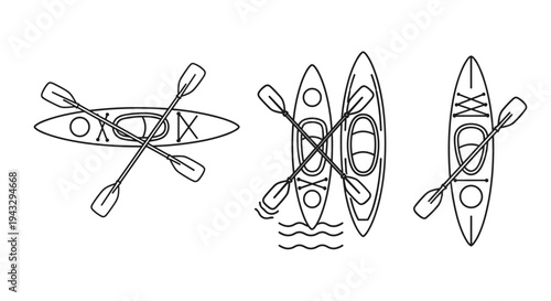 Collection of three stylized kayaks with paddles, presented in a clean line art style