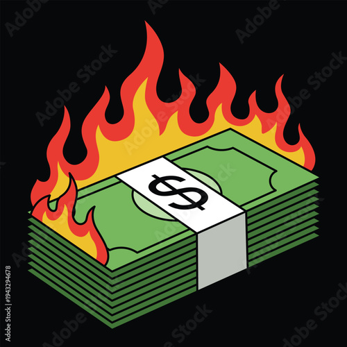Burning Money Concept – Stack of Dollar Bills on Fire Financial Crisis Vector Illustration