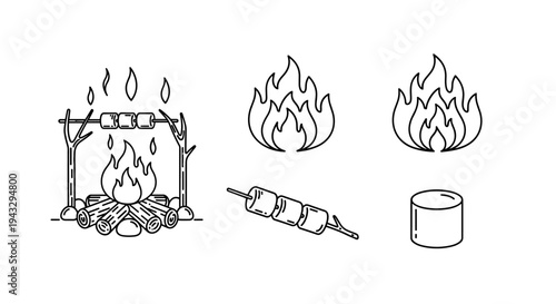 Campfire and marshmallow icons for outdoor cooking and sweet treats