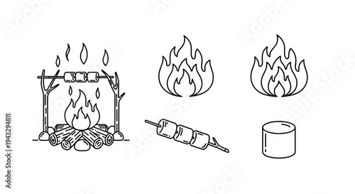 Campfire and marshmallow icons for outdoor cooking and sweet treats